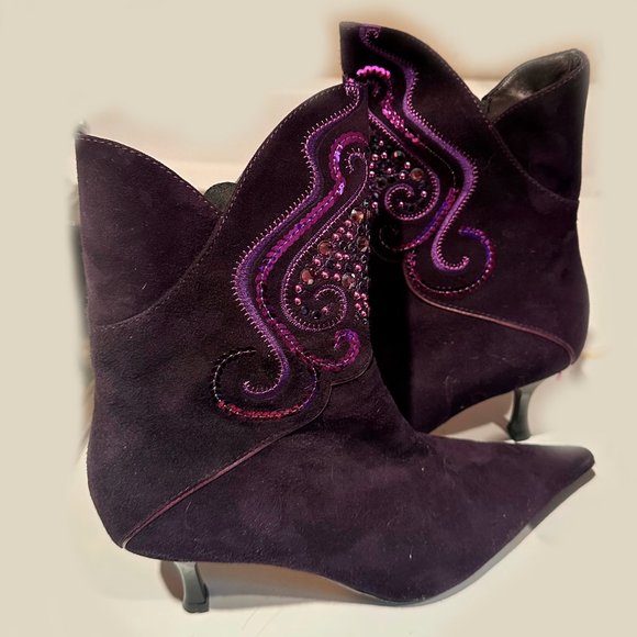 RARE! NWOT Moda di Fausto Purple Suede Sequin Heeled Ankle Boots. - Picture 4 of 10
